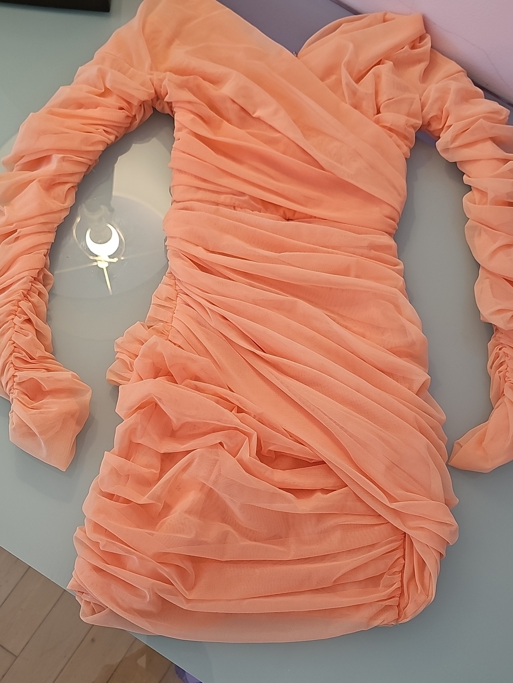 Ruched Long-Sleeve Peach Midi Dress